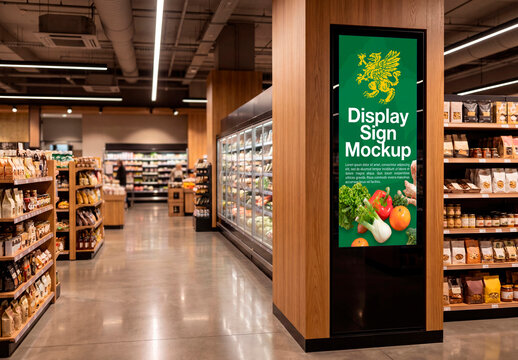 Vertical digital billboard mockup inside supermarket