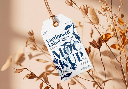 Blank hanging tag mockup with dried plants