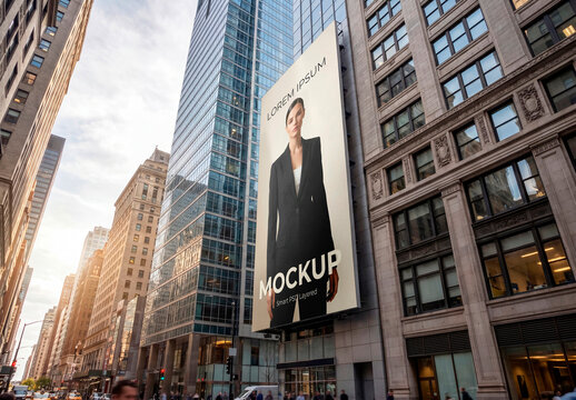 Tall vertical billboard mockup between city buildings