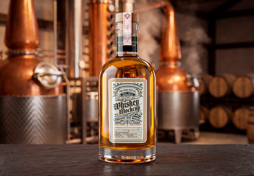 Liquor bottle in distillery with copper stills background
