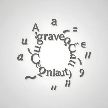 Circular composition of linguistic diacritics and typography symbols on a light grey background.
