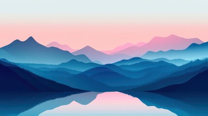 Fototapeta premium Majestic mountain ranges reflected in tranquil waters during a soft sunset with a gradient sky