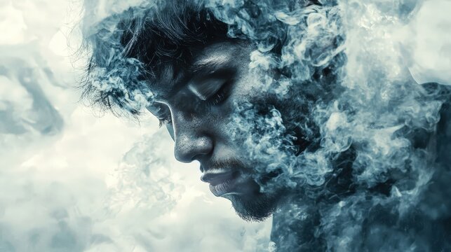 Mans face dissolving into smoke and particles