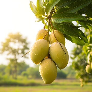 Yellow mangoes hanging on tree, ripe tropical fruits with water drops and sunlight.