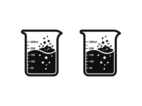 Laboratory beakers with liquid and bubbles black silhouette on white