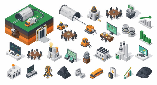Collection of various industrial and business related icons and objects.