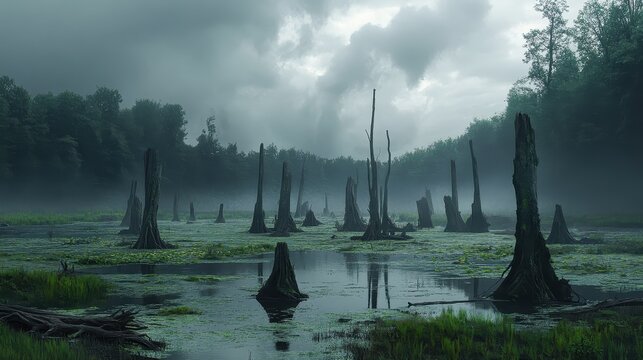 Gloomy and degraded wetland landscape showing stark ecosystem impact from biodiversity loss and evident pollution effects with dead tree stumps.
