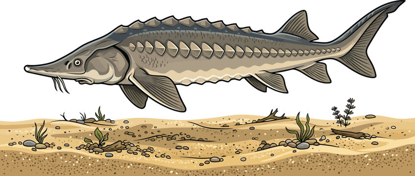 Drawing of a sturgeon fish on a sandy bottom with sturgeon wildlife freshwater saltwater prehistoric primitive illustration ichthyology scientific whiskers resource delicacy