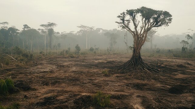 A lone tree stands amidst a barren, deforested landscape, showcasing severe habitat destruction and environmental impact