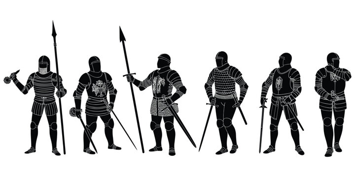 Flat vector illustration of medieval knights in armor with swords, spears and maces, historical warrior concept, battle design silhouette artwork