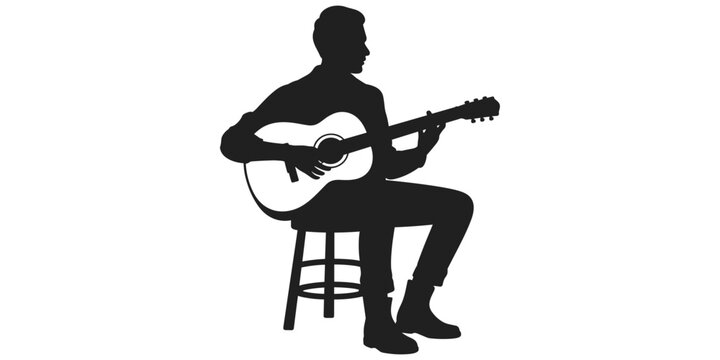 Flat vector illustration of musician playing acoustic guitar on stool, music performance concept, artistic silhouette design and creative artwork