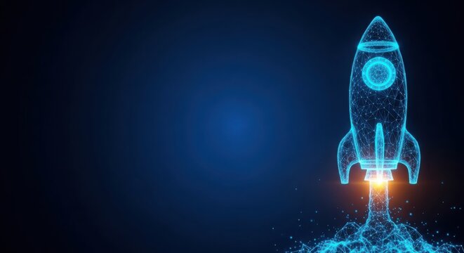 A blue rocket ship blasting off into space illustration