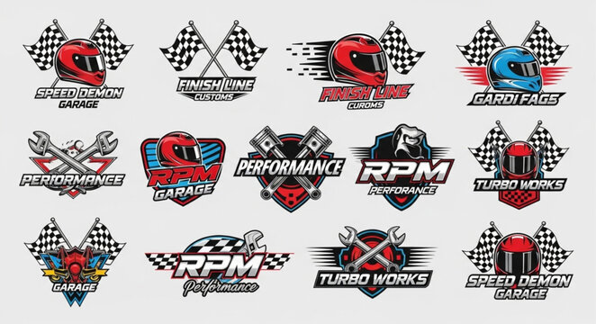 Collection of Racing Emblems and Logos with Helmets and Flags.