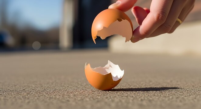Broken eggshell held by hand on a textured surface outdoors.
