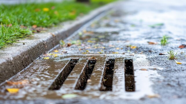 Stormwater drain grate overflowing with polluted water and algae blooms on a wet urban street