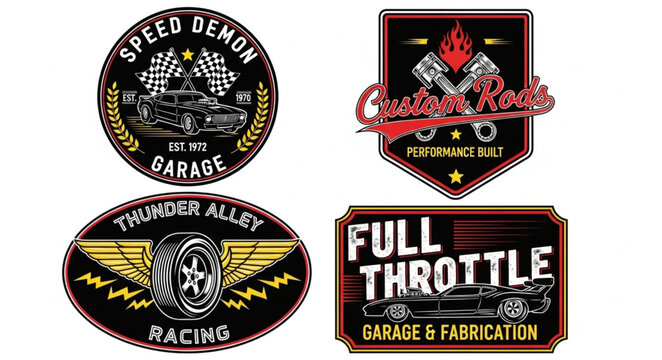 Four Vintage Garage and Racing Logos with Cars and Flags.