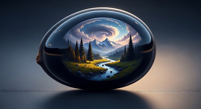 Crystal ball showing mountain landscape reflection with river and trees
