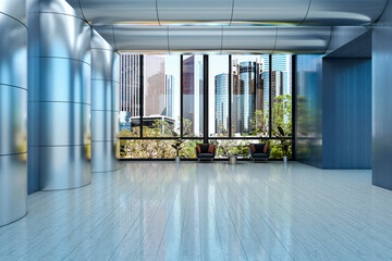 Obraz premium Spacious modern interior hall with metallic columns and wide panoramic windows overlooking city skyline in contemporary building design. 3D Rendering