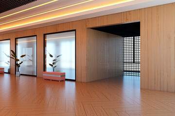 Obraz premium Modern corridor interior with wooden walls, frosted glass panels, seating elements and warm ceiling lighting creating a contemporary spacious hall environment.. 3D Rendering