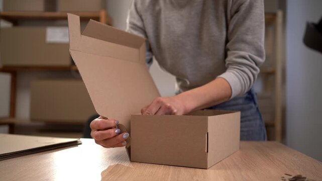 Woman packing boxes in home workspace, business logistics and packaging services. e-commerce and business concept