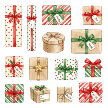 Christmas watercolor gift boxes collection with ribbons and tags isolated on white and transparent background, festive clipart set