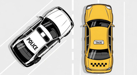 Police Car and Taxi Cab Illustration from Above. © rikop