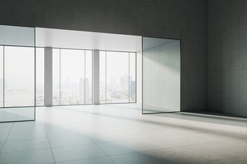 Fototapeta premium Spacious empty modern interior with large windows, glass partitions, soft sunlight and contemporary city view creating serene commercial space. 3D Rendering