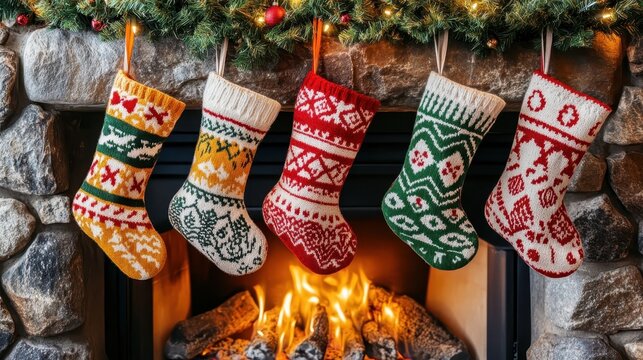 Warm Christmas Stockings With Intricate Knitted Patterns Hang Above a Glowing Fireplace