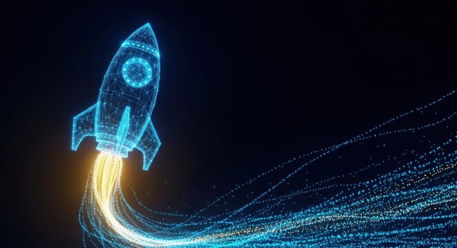 A blue rocket ship blasting off into the sky illustration