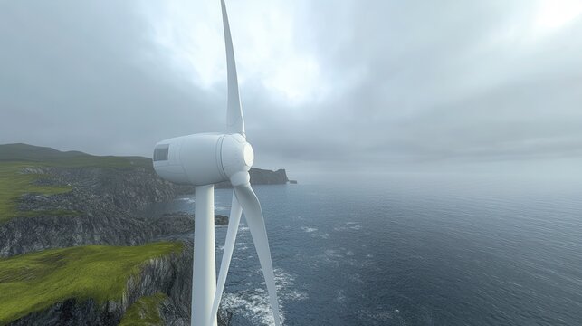 White wind turbine with blades slowly spinning on a foggy coastal bluff overlooking the ocean