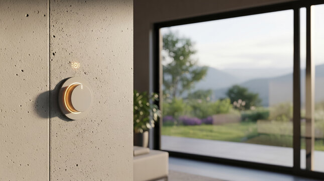 Close-up of a modern smart home climate control dial glowing on a concrete wall in a luxury eco-villa. Sunlight filters through the window showing a lush mountain view. IoT technology concept.