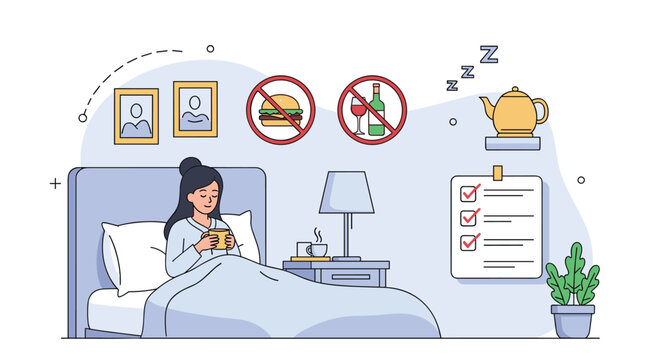 Woman sitting in bed drinking a warm beverage with icons showing healthy sleep habits like avoiding food and alcohol.