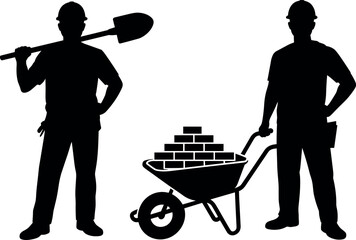 Black silhouette vector illustration of two construction workers with shovel and wheelbarrow full of bricks isolated on a white background. © BIPUL
