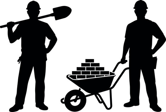 Black silhouette vector illustration of two construction workers with shovel and wheelbarrow full of bricks isolated on a white background.