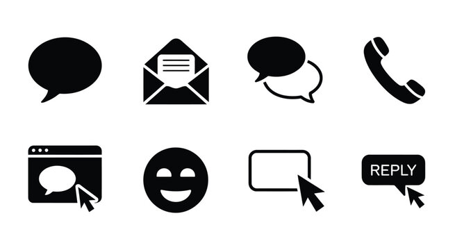 Black communication icons set featuring speech bubbles mail envelope telephone handset emoji cursor click and reply button for web contact pages.