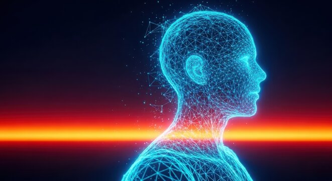 A blue wireframe of a human head and shoulders illustration