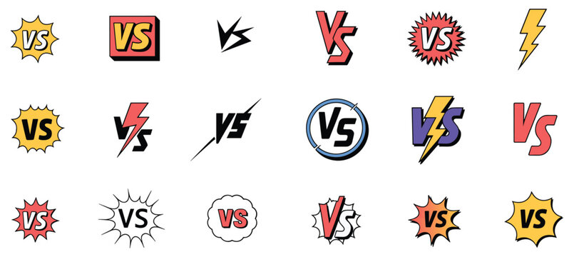 Versus Symbols: Dynamic array of VS icons, signifying competition and conflict. debate, opposition, rivalry, confrontation, duel.