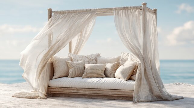 Luxury beach cabana daybed with flowing white curtains and neutral pillows by the ocean