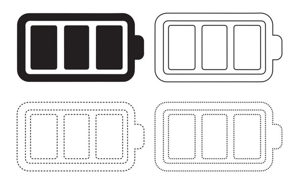  Battery charge indicator icons in solid outline dashed styles with indicator technology electronic interface silhouette representation variation