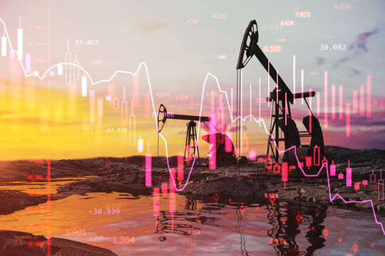 Oil pump jacks with financial market graph overlay at sunset reflecting industry trends and economic volatility in dramatic scene. 3D Rendering