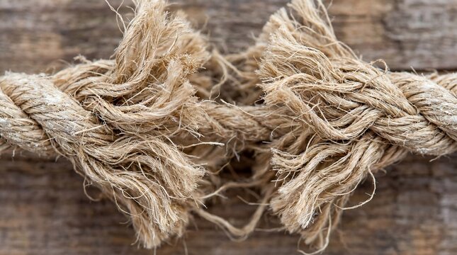 A close-up view of a frayed rope on a wooden surface shows texture.