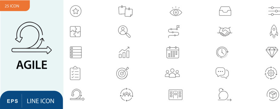 Agile methodology line icons set for business and software development
