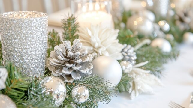 Elegant Christmas table decorations with pinecones, ornaments, and glowing candles in soft natural light