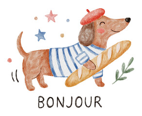 Cute watercolor dachshund dog puppy. Paris beret bread baguette bonjour. French nursery pet art. © Karina Martirosova