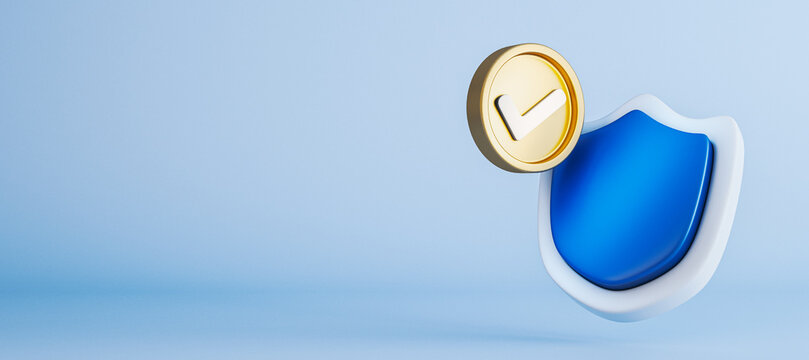Blue shield symbol with gold checkmark icon floating on light background representing secure data protection and modern safety concept in digital systems. 3D Rendering