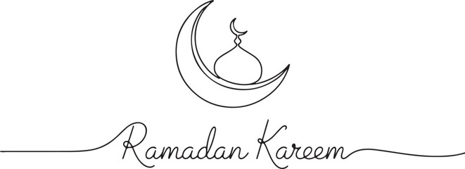 Fototapeta premium Moon continuous one line art drawing of Ramadan Kareem and Eid.one line Art icon drawing vector