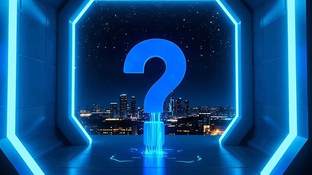 Glowing blue question mark in futuristic city