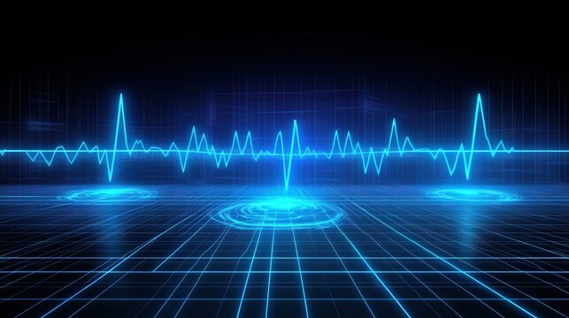 Futuristic blue digital waveform graph with glowing neon grid and circular data points, representing technological analysis and sound spectrum.