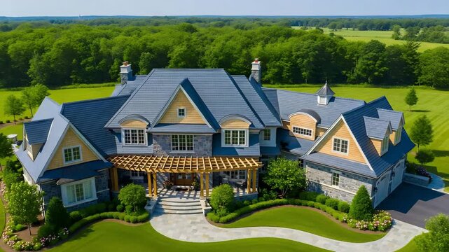 Aerial view of a luxury country estate with stone and shingle exterior