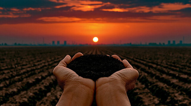 Hands holding fertile soil at sunset over a field with agriculture planting outdoors
